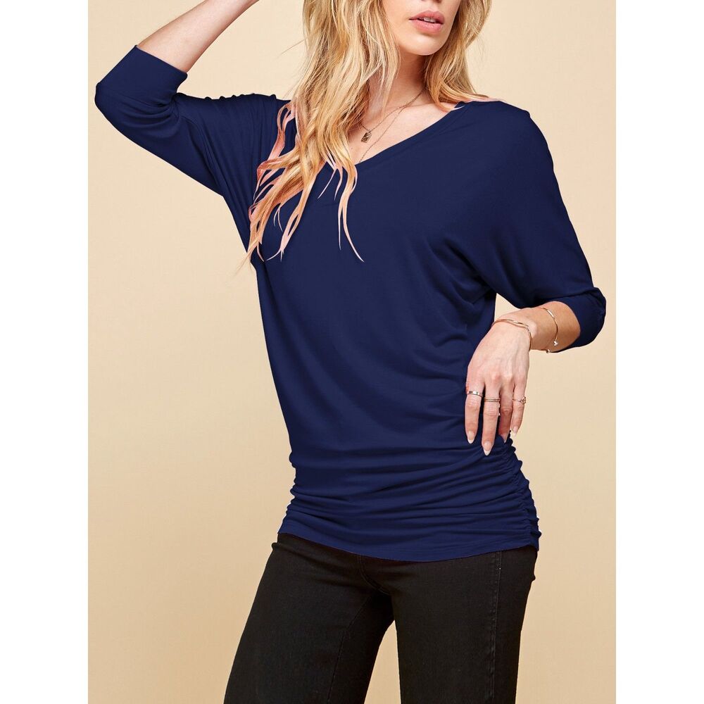 Made By Johnny Womens V-neck Shirt Large Blue Dolman Sleeve Casual Office Career
